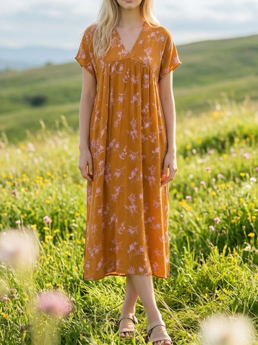 Women's Mustard Floral Midi Dress - V-Neck